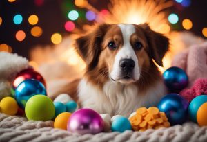 A dog lying on a cozy blanket, surrounded by toys and treats. Soft music plays in the background as colorful fireworks light up the sky outside