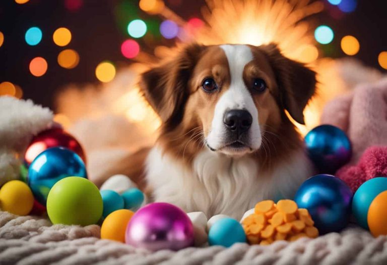 A dog lying on a cozy blanket, surrounded by toys and treats. Soft music plays in the background as colorful fireworks light up the sky outside